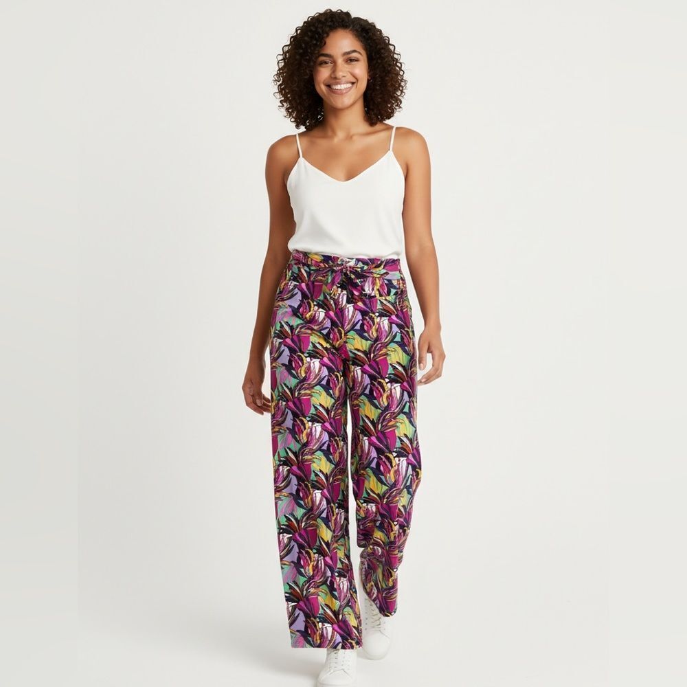 🛍️ Purple leaf wide leg waist tie, Palazzo pants size X-Large
